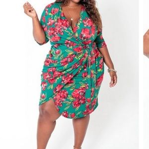 Plus Size Floral Print Bandage Design Wrap Dress